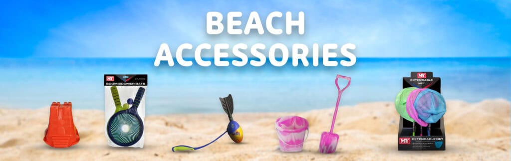 Summer holiday beach accessories - bucket, spade, fishing nets, bat and ball game