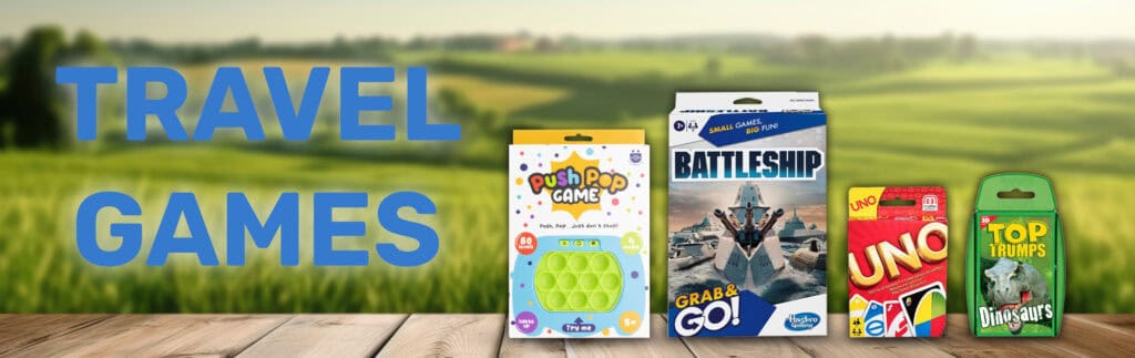 Summer holiday travel games - push pop game, Grab & Go battleship, Uno and Top Trumps